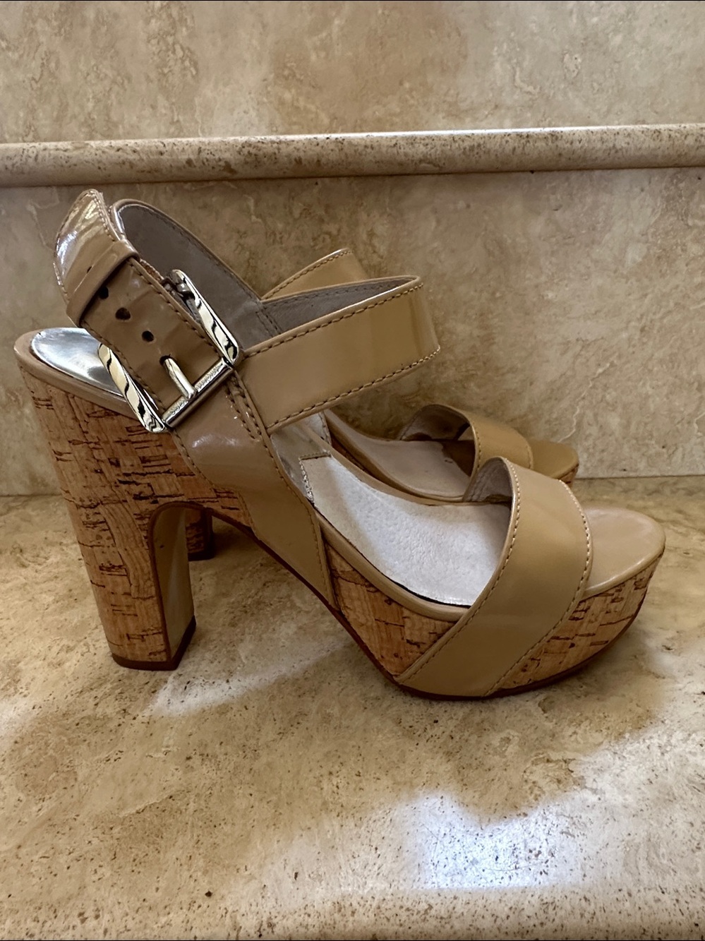MICHAEL Michael Kors IVANA Nude Patent Leather Cork Platform Sandals - Size 7M